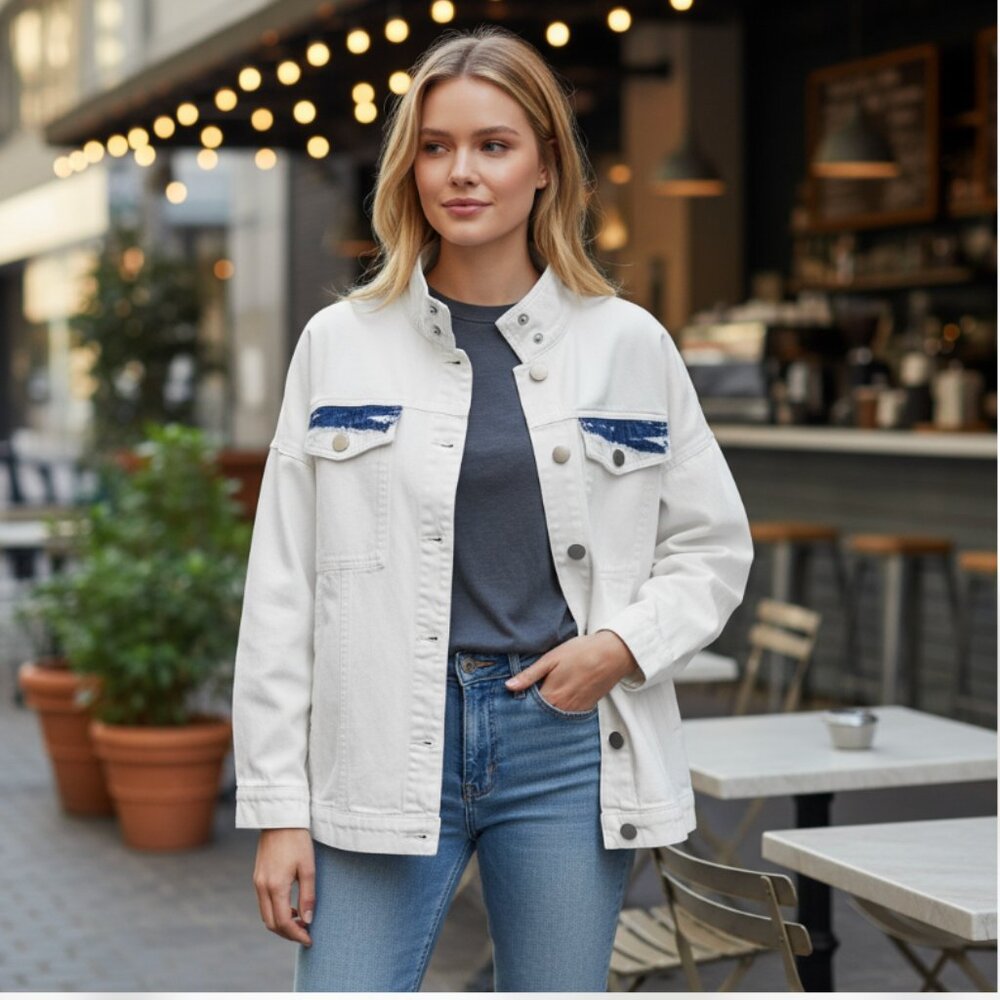 NWT Cabi New Drew Jacket #5853 White Light blue/Blue Fade Wash X- Large